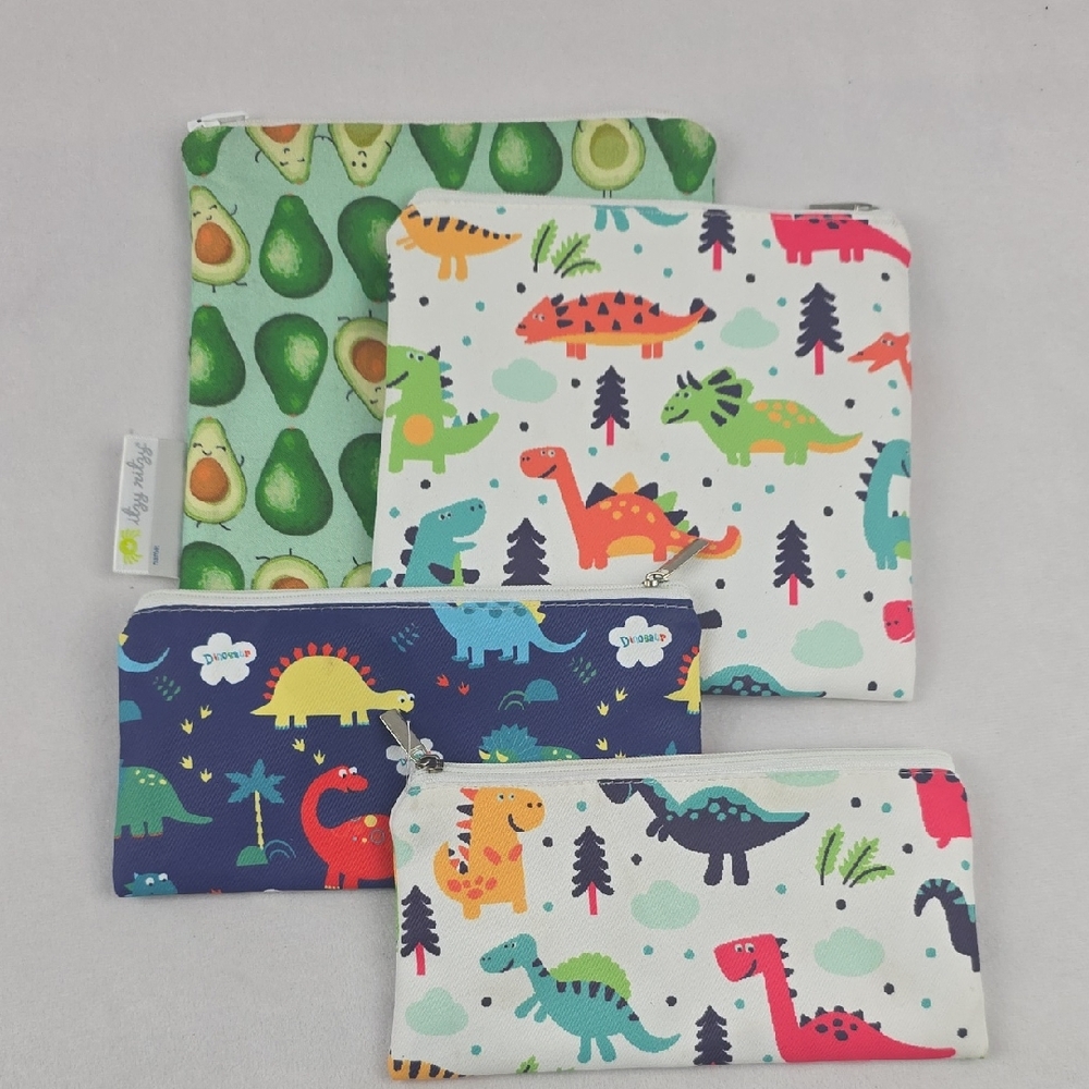 Set Of 4 Reusable Dinosaur and Avocado Print Kids Snack Bags School Lunches